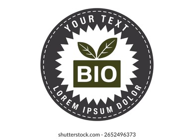Rótulo biológico circular com folhas e texto personalizável. Representa produtos orgânicos, naturais e ecológicos. Ilustração vetorial para marca e embalagem.