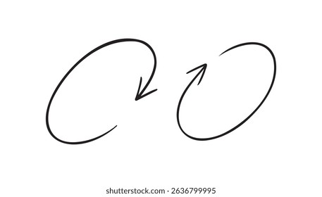 Circular black arrows. Hand drawn round elements set. Two isolated circular black arrows. Vector illustration