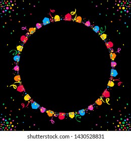 Circular black background of colored flags with space for text in the middle