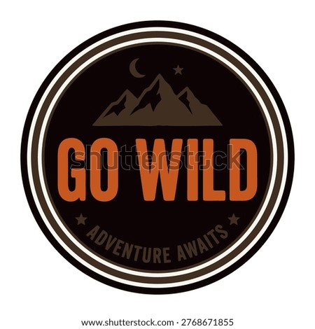 A circular black and brown logo featuring stylized mountains, a crescent moon, and stars, with the prominent orange text "GO WILD" and smaller white text "ADVENTURE AWAITS", evoking an outdoor and exploration theme.