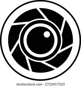 Circular black icon resembling camera diaphragm blades opening and closing around circular center representing focus vision and visual media production