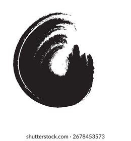 Traçado circular de pincel de tinta preta com bordas texturizadas, criando um efeito dinâmico e giratório.