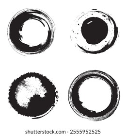 Circular black ink stain watercolor brush texture, isolated vector, artistic and abstract designs
