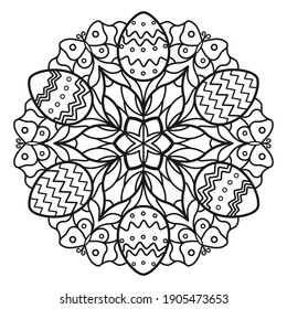 Circular black mandala decorated with Easter eggs.