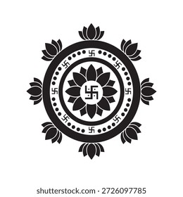 Un mandala negro circular con una esvástica central rodeada de pétalos de loto para una geometría sagrada y paz.
