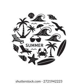 Una silueta circular negra con Elementos de verano y playa que incluyen olas, palmeras y criaturas marinas con la palabra VERANO.