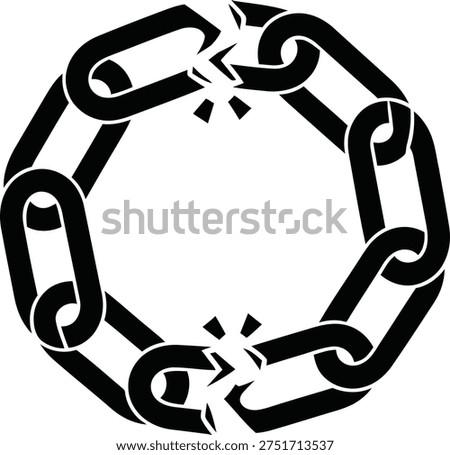 A circular black silhouette of a heavy chain being broken. This vector illustration symbolizes freedom from slavery, liberation from social injustice, and the end of racial discrimination. Perfect for International Day for the Elimination of Racial Discrimination (March 21), human rights awareness, and anti-oppression themes.