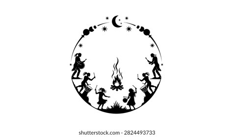 A circular black silhouette illustration featuring figures dancing and playing music around a central campfire under a crescent moon and star frame.