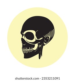Circular Black Skull Vector Art is digital art featuring a black skull in a circular design, used for logos, illustrations, and art projects.