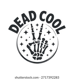 Un diseño circular en blanco y negro presenta el texto muerto fresco junto a una mano esquelética haciendo un signo de paz con estrellas