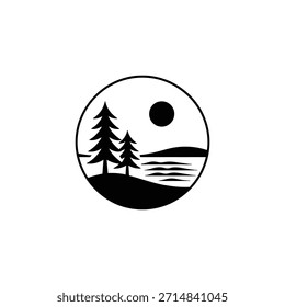 Um desenho circular em preto e branco com árvores, um lago e a Lua — uma cena tranquila.