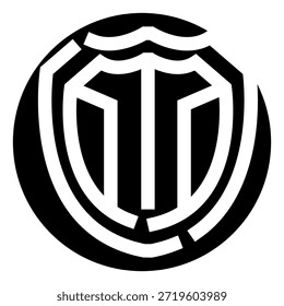 Emblema circular en blanco y negro que crea un monograma distintivo, con líneas audaces que forman un diseño estilizado, que representa la identidad y el espíritu de equipo en los deportes