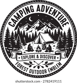 A circular black and white emblem a nighttime camping scene. In the foreground, three silhouetted figures sit around a crackling campfire. Behind them, a tent is pitched, and a dense forest of pine trees stretches across the middle ground. Towering, jagged mountains rise in the background under a starry sky with a crescent moon. The outer edge of the emblem a rope-like border and text that reads 