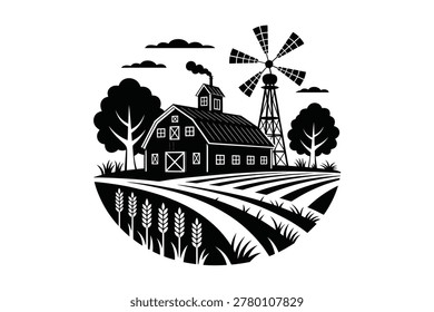 A circular black and white of a farm with a barn, windmill, trees, and wheat fields. Isolated on a white background, simple style.