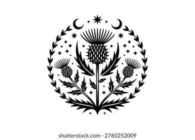 Circular black and white featuring thistle flowers with star and moon stars