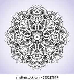 Circular black and white floral ornament Indian Hand drawn henna mehndi tattoo vector etnnik decor meditation on an isolated background