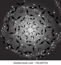 Circular black and white geometric symmetrical pattern of bats. Vector illustration.