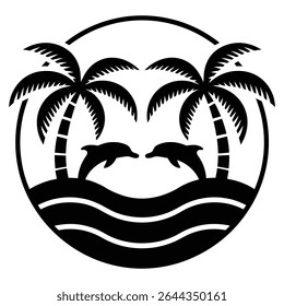 A circular black and white graphic depicts two dolphins swimming in ocean waves beneath two stylized palm trees. The style is simple and minimalist with strong silhouettes.