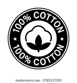 A circular black and white label displays the text '100% Cotton' surrounding a cotton plant