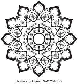 circular black and white mandala with detailed floral and spiral elements, perfect for meditation, tattoo design