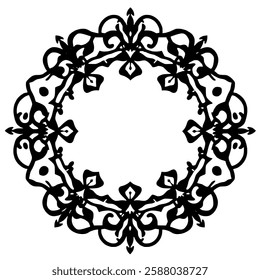 Circular Black and White Ornament Frame. Decorative Vintage Floral Pattern Design, perfect for invitations, cards, and more!