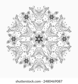 Circular black and white ornament like mandala with chamomile flowers, fantasy butterfly with curled antennae in Art Nouveau style. White background. Vintage style.