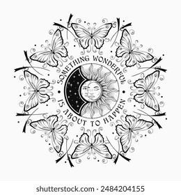 Circular black and white ornament like mandala with eclipse with sun, crescent moon, text, fantasy butterfly in Art Nouveau style. Vintage style.