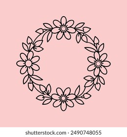 A circular black and white outline drawing of a floral wreath.