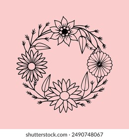 A circular black and white outline drawing of a floral wreath.