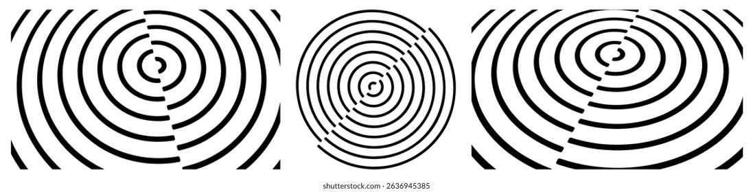 Circular black and white pattern cut in half and offset. Abstract striped background. Cover design template. Vector illustration for brochure, poster, presentation, flyer or banner.