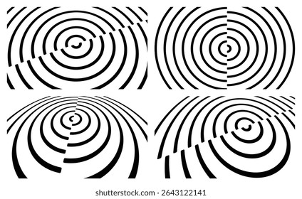 Circular black and white pattern cut in half and offset. Abstract striped background. Cover design template. Vector illustration for brochure, poster, presentation, flyer or banner.