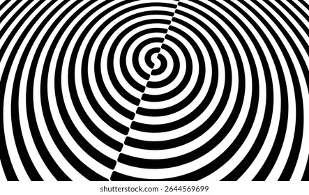 Circular black and white pattern cut in half and offset. Abstract striped background. Cover design template. Vector illustration for brochure, poster, presentation, flyer or banner.