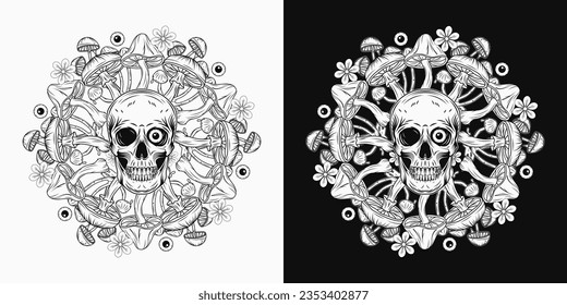Circular black and white pattern with human skull, colorful mushrooms, chamomiles, eyeballs. Concept of madness, craziness. Surreal illustration for groovy, psychedelic design