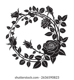 Circular Black and White Rose Wreath Design - Silhouette Rose