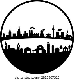 A circular black and white silhouette graphic contrasting an industrial city skyline with a rural village and farm. Ideal for concepts related to urbanization, environmental impact, or community planning.