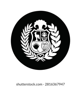 Circular black and white vector badge featuring the national coat of arms of Peru, including the vicuna, cinchona tree, and cornucopia.
