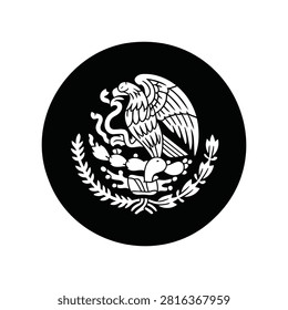 Circular black and white vector badge featuring the national emblem of Mexico; an eagle perched on a cactus devouring a snake.