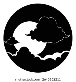 A circular black and white vector illustration depicts a full moon partially obscured by stylized clouds against a night sky. The style is minimalist and graphic.