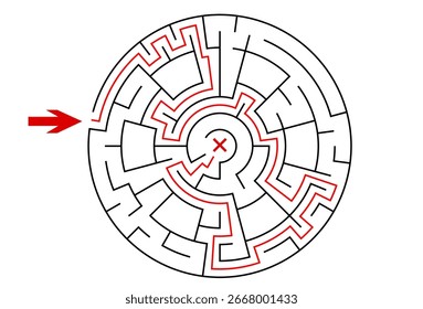 Un laberinto circular de Vector blanco y negro de Mediana dificultad. La tarea es encontrar un camino hacia el centro. Líneas limpias, simples, aisladas sobre un fondo blanco