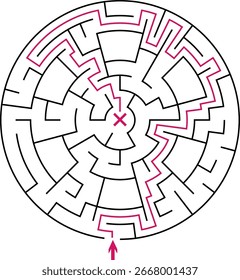 Un laberinto circular de Vector blanco y negro de Mediana dificultad. La tarea es encontrar un camino hacia el centro. Líneas limpias, simples, aisladas sobre un fondo blanco