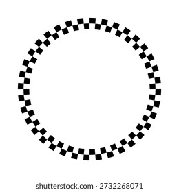 Un marco circular a cuadros en blanco y negro que se asemeja a un borde de la bandera de carreras sobre un fondo blanco
