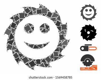 Circular blade smile icon composition of abrupt pieces in different sizes and color hues, based on circular blade smile icon. Vector inequal pieces are united into collage.