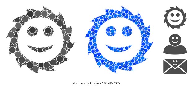 Circular blade smile mosaic of circle elements in different sizes and color tints, based on circular blade smile icon. Vector round elements are organized into blue mosaic.