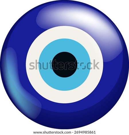 Circular blue evil eye amulet rendered in vector style with realistic glossy highlights and gradients