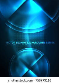 Circular blue glowing neon shapes, techno background. Abstract shiny transparent circles on dark technology space
