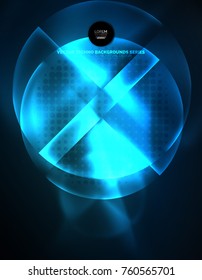 Circular blue glowing neon shapes, techno background. Abstract shiny transparent circles on dark technology space