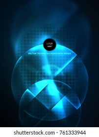 Circular blue glowing neon shapes, techno background. Abstract shiny transparent circles on dark technology space