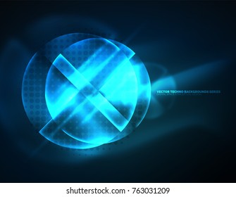 Circular blue glühende Neonformen, Techno-Hintergrund. Abstrakte, glänzende, transparente Kreise auf dunklem Technologiebereich