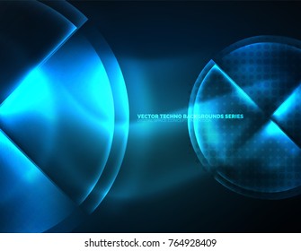 Circular blue glowing neon shapes, techno background. Abstract shiny transparent circles on dark technology space