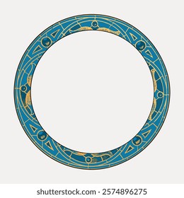 Circular blue and gold frame with intricate patterns. The frame features geometric designs and ornate details, creating a decorative and elegant border. Vintage art drawing, isolated vector.